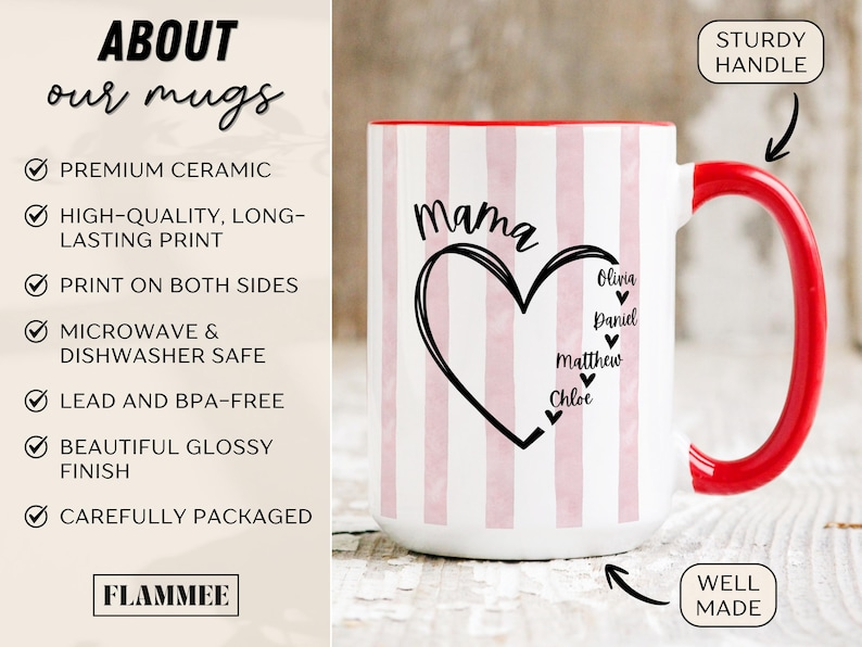 Personalized Mom Heart Mug with Kids Names – Custom Mama Gift for Mother’s Day or Birthday