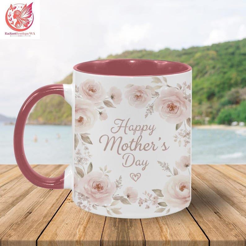 Floral Happy Mother's Day Mug, Pink Accent Coffee Cup