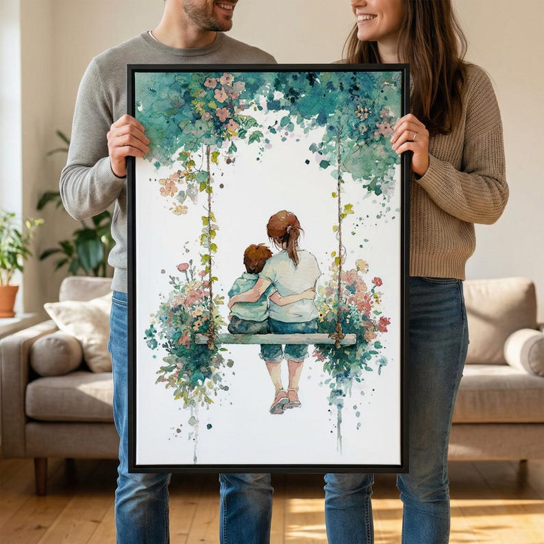 Botanical Watercolor Swing Portrait, Framed Canvas Print, Personalized Mothers Day Personalized Gifts, Mothers Day Gift For Grandma, Mom