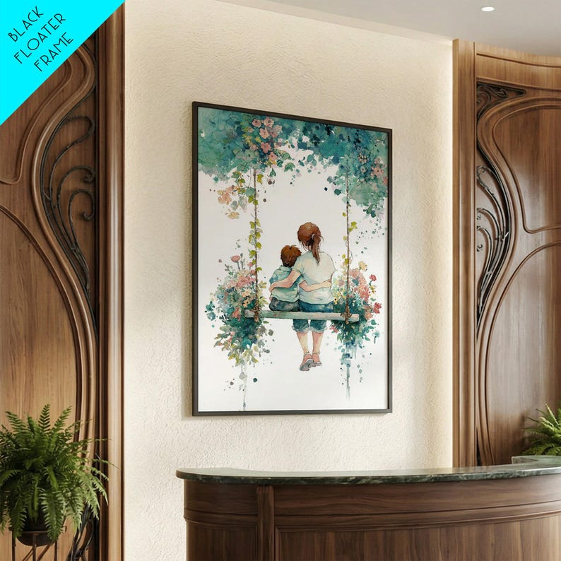 Botanical Watercolor Swing Portrait, Framed Canvas Print, Personalized Mothers Day Personalized Gifts, Mothers Day Gift For Grandma, Mom