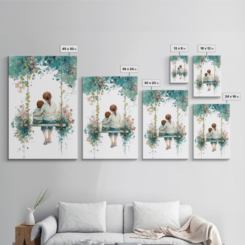 Botanical Watercolor Swing Portrait, Framed Canvas Print, Personalized Mothers Day Personalized Gifts, Mothers Day Gift For Grandma, Mom