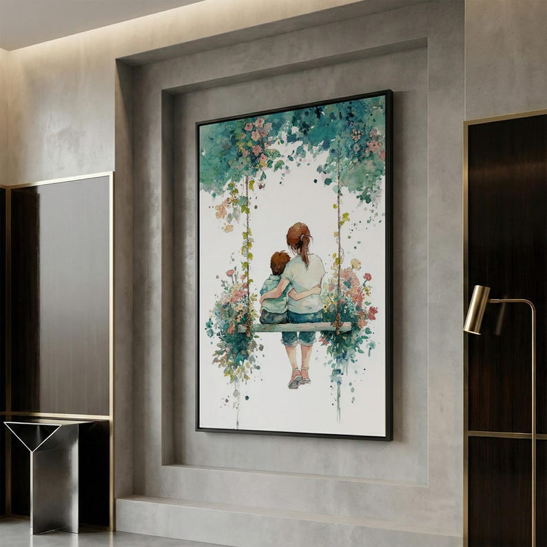 Botanical Watercolor Swing Portrait, Framed Canvas Print, Personalized Mothers Day Personalized Gifts, Mothers Day Gift For Grandma, Mom