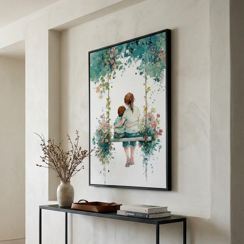 Botanical Watercolor Swing Portrait, Framed Canvas Print, Personalized Mothers Day Personalized Gifts, Mothers Day Gift For Grandma, Mom