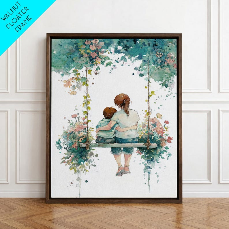 Botanical Watercolor Swing Portrait, Framed Canvas Print, Personalized Mothers Day Personalized Gifts, Mothers Day Gift For Grandma, Mom