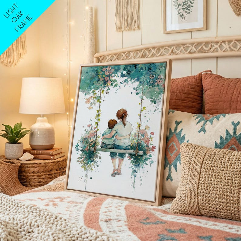 Botanical Watercolor Swing Portrait, Framed Canvas Print, Personalized Mothers Day Personalized Gifts, Mothers Day Gift For Grandma, Mom