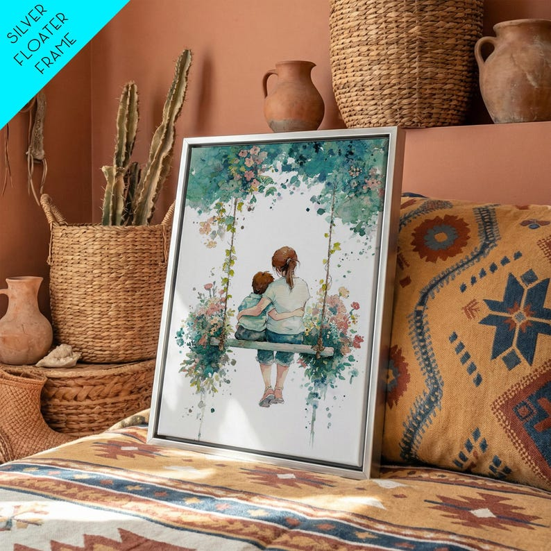 Botanical Watercolor Swing Portrait, Framed Canvas Print, Personalized Mothers Day Personalized Gifts, Mothers Day Gift For Grandma, Mom