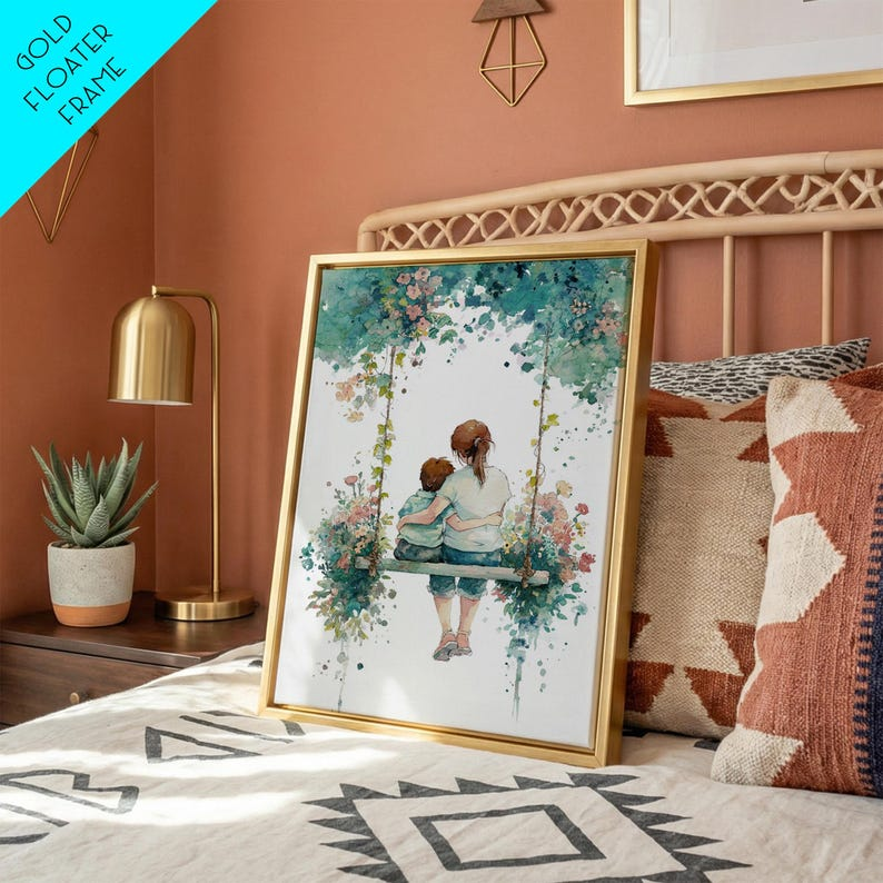 Botanical Watercolor Swing Portrait, Framed Canvas Print, Personalized Mothers Day Personalized Gifts, Mothers Day Gift For Grandma, Mom