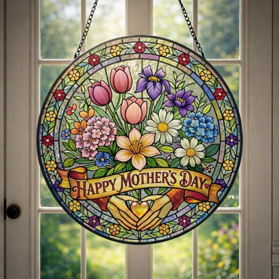 Personalized Mama Garden Suncatcher, Birth Flower Stained Glass Window Hanging, Mother’s Day Gift for Mom