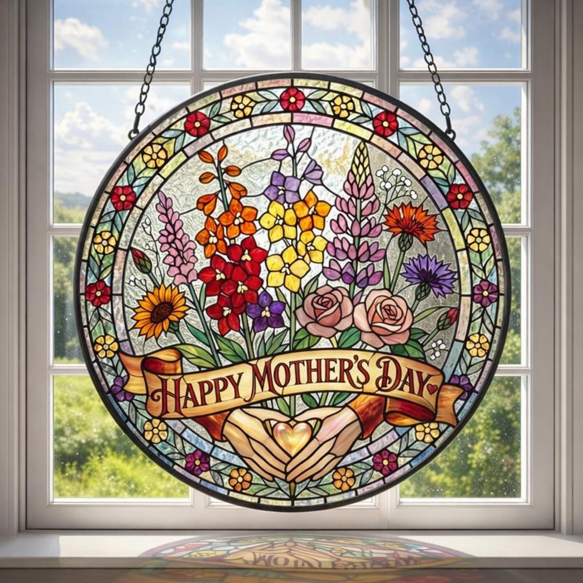 Personalized Mama Garden Suncatcher, Birth Flower Stained Glass Window Hanging, Mother’s Day Gift for Mom