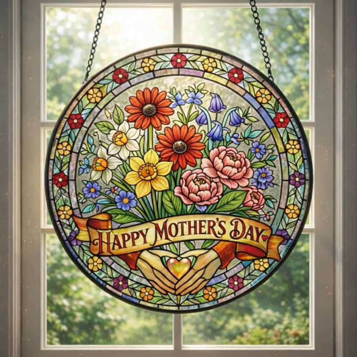 Personalized Mama Garden Suncatcher, Birth Flower Stained Glass Window Hanging, Mother’s Day Gift for Mom
