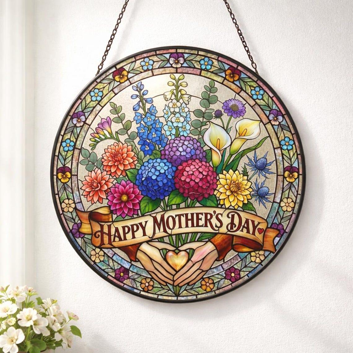 Personalized Mama Garden Suncatcher, Birth Flower Stained Glass Window Hanging, Mother’s Day Gift for Mom