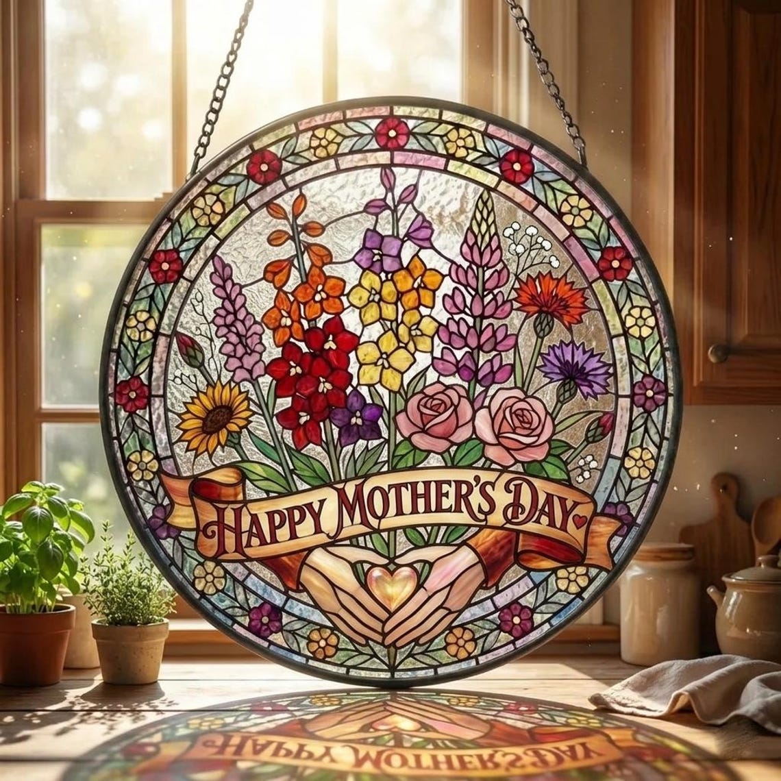 Personalized Mama Garden Suncatcher, Birth Flower Stained Glass Window Hanging, Mother’s Day Gift for Mom