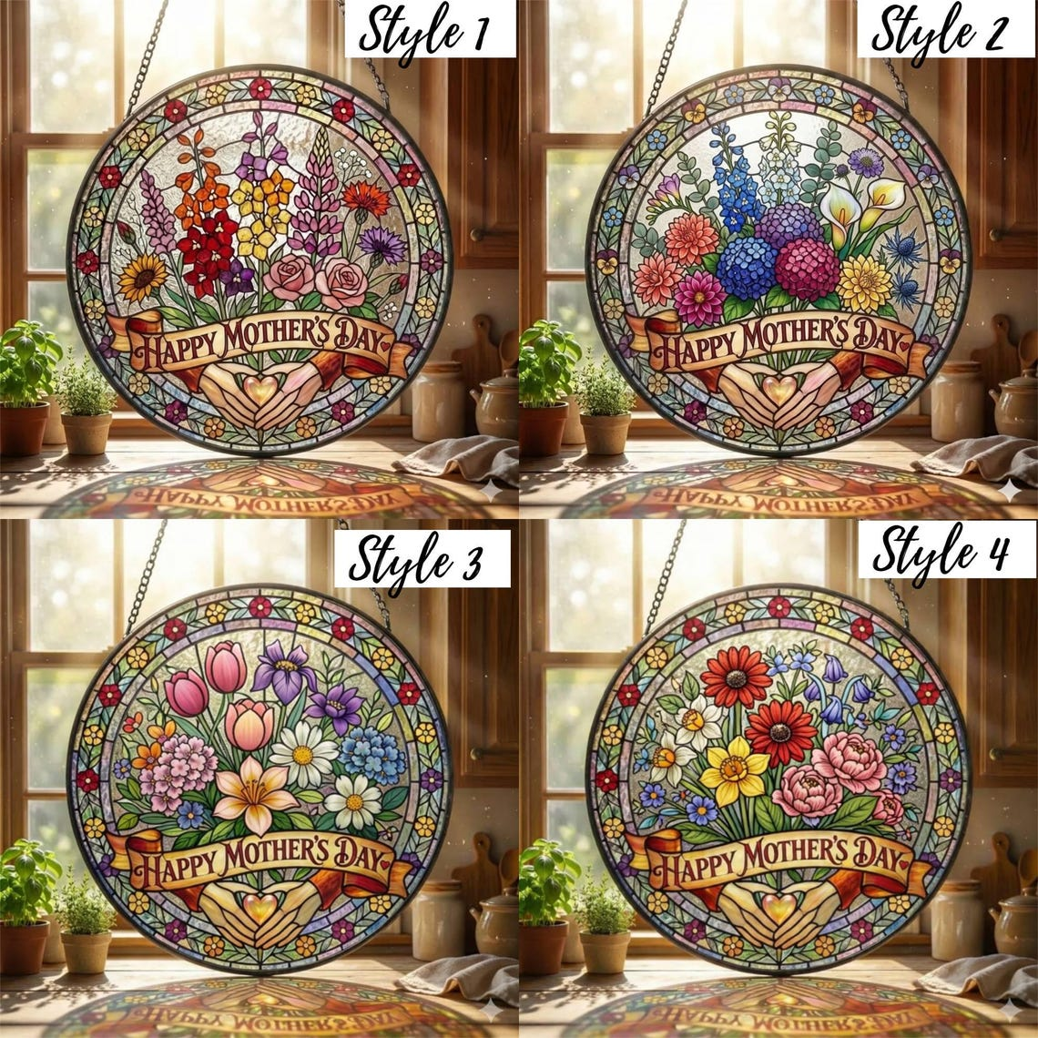 Personalized Mama Garden Suncatcher, Birth Flower Stained Glass Window Hanging, Mother’s Day Gift for Mom
