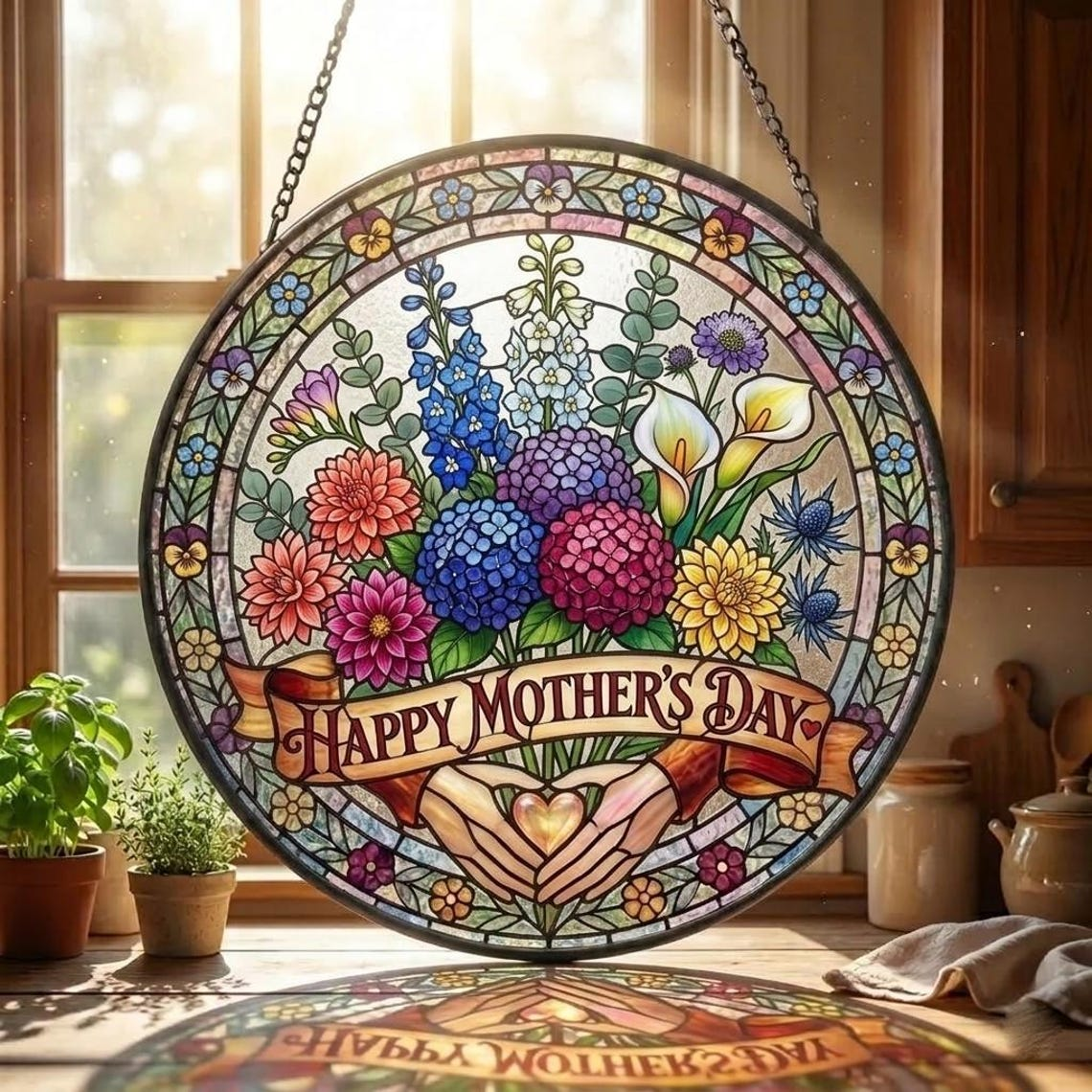 Personalized Mama Garden Suncatcher, Birth Flower Stained Glass Window Hanging, Mother’s Day Gift for Mom