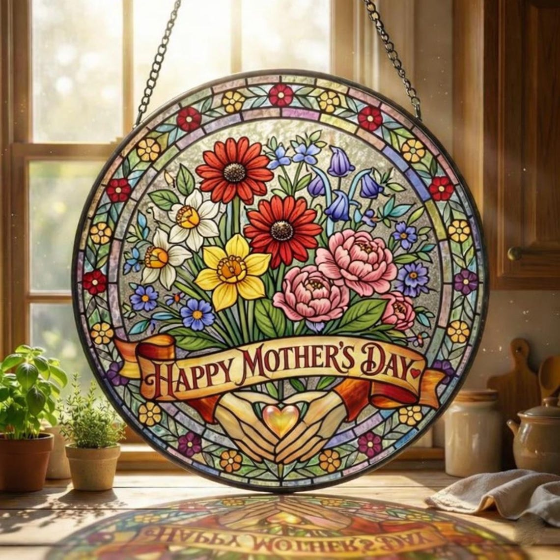 Personalized Mama Garden Suncatcher, Birth Flower Stained Glass Window Hanging, Mother’s Day Gift for Mom