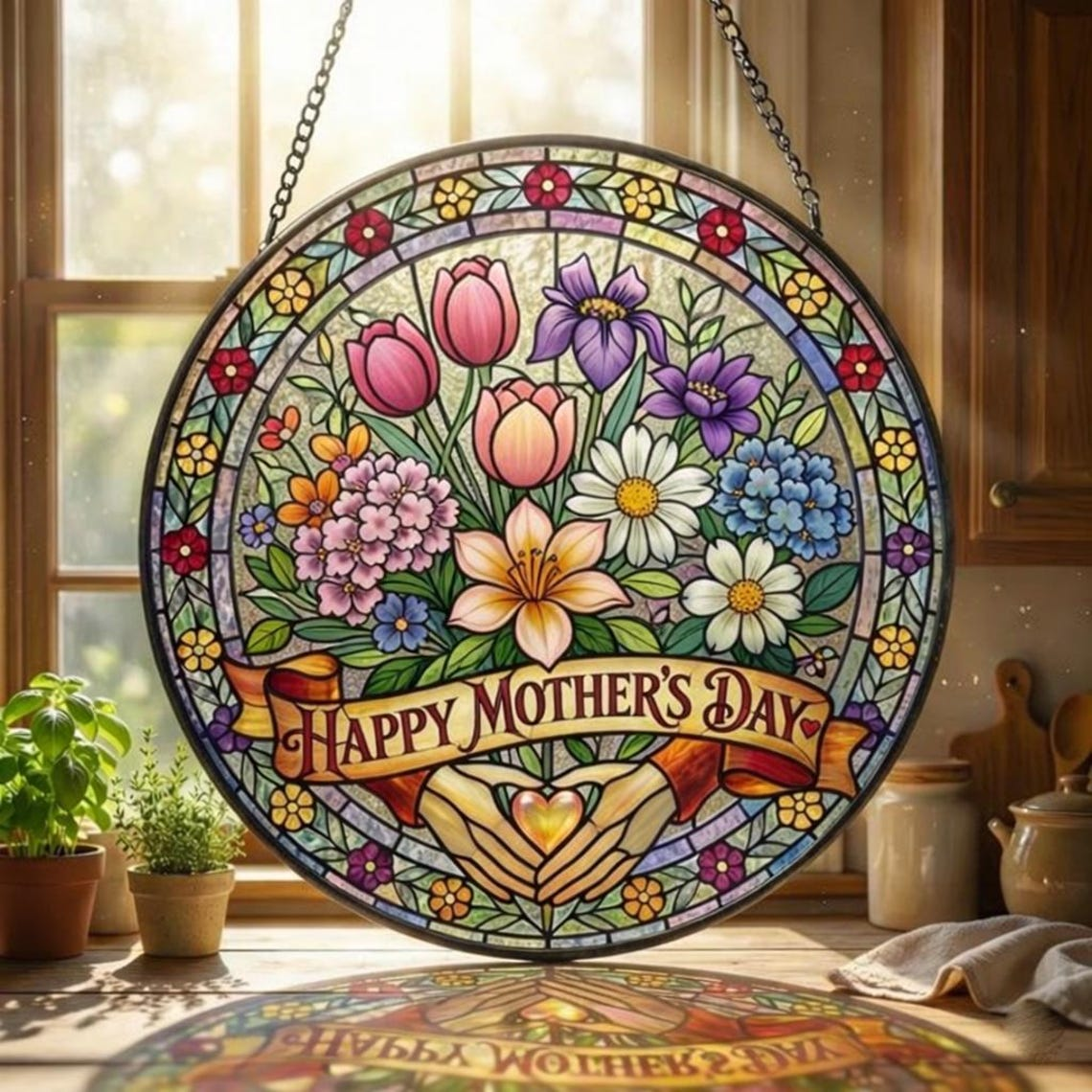 Personalized Mama Garden Suncatcher, Birth Flower Stained Glass Window Hanging, Mother’s Day Gift for Mom