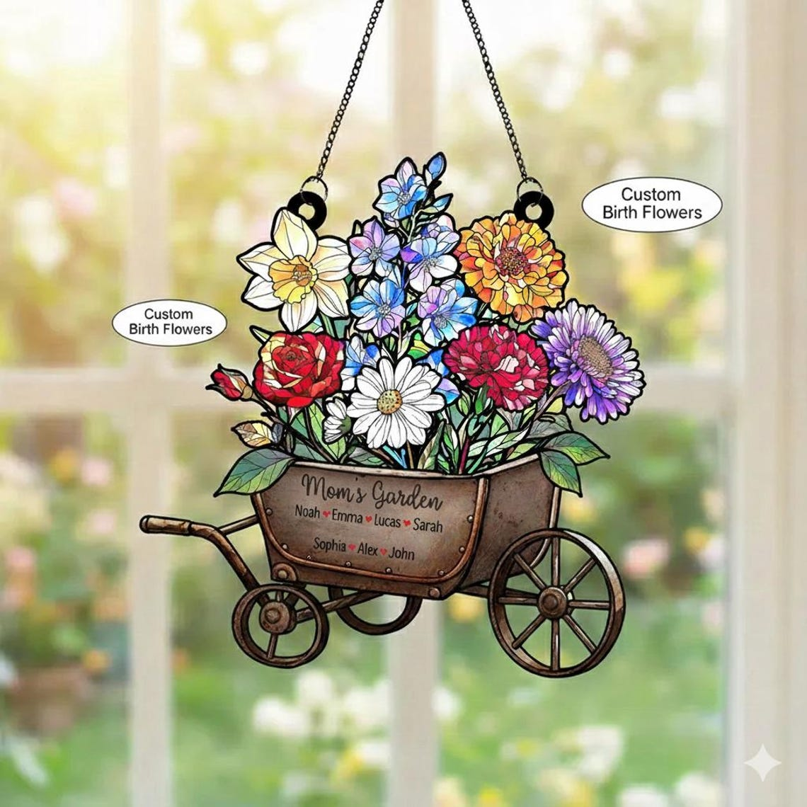 Personalized Mom’s Garden Acrylic Window Hanging, Custom Birth Flower Wagon Decor, Mother’s Day Gift, Floral Acrylic Ornament