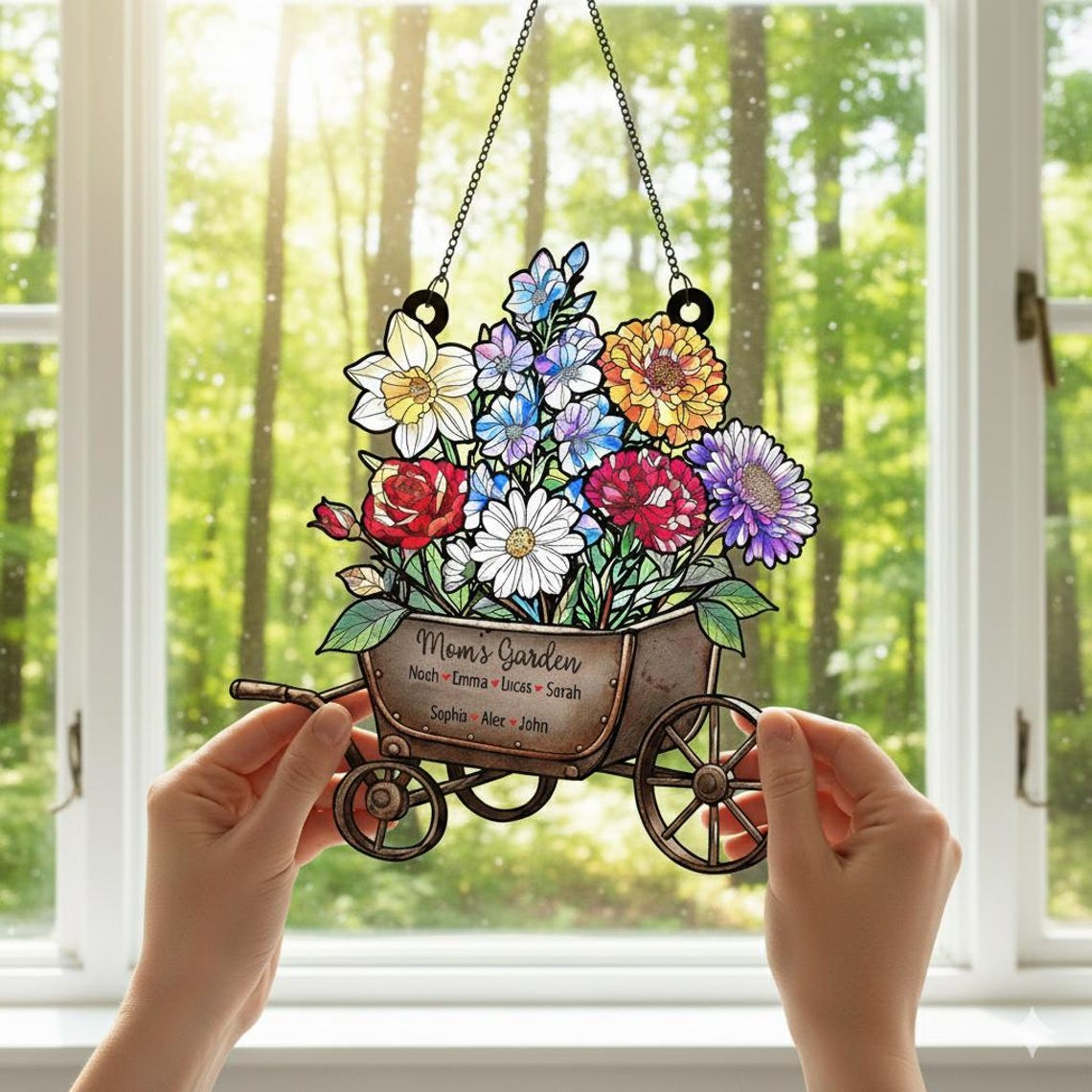 Personalized Mom’s Garden Acrylic Window Hanging, Custom Birth Flower Wagon Decor, Mother’s Day Gift, Floral Acrylic Ornament