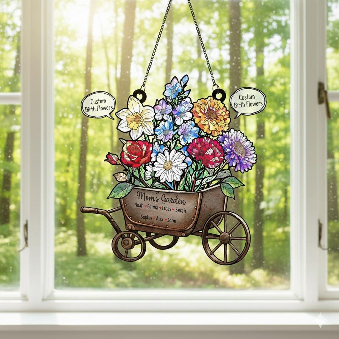 Personalized Mom’s Garden Acrylic Window Hanging, Custom Birth Flower Wagon Decor, Mother’s Day Gift, Floral Acrylic Ornament