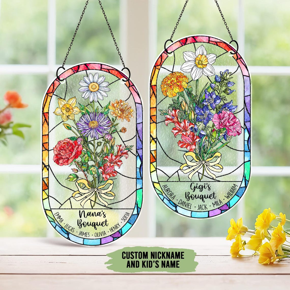 Custom Birth Month Flower Acrylic Suncatcher, Mothers Day Gift, Family Birth Flower Window Hangings, Gift for Mom, Gift for Grandma