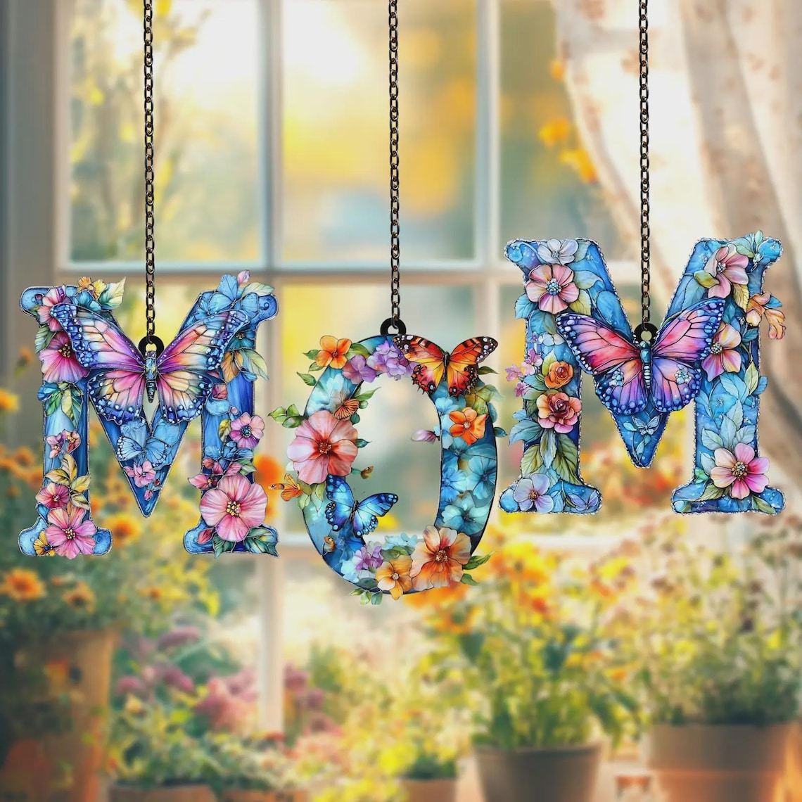 Mother's day Gift ACRYLIC Faux Stained Glass Window Hanging Suncatcher, Colorful Floral Mothers Day Home Decor