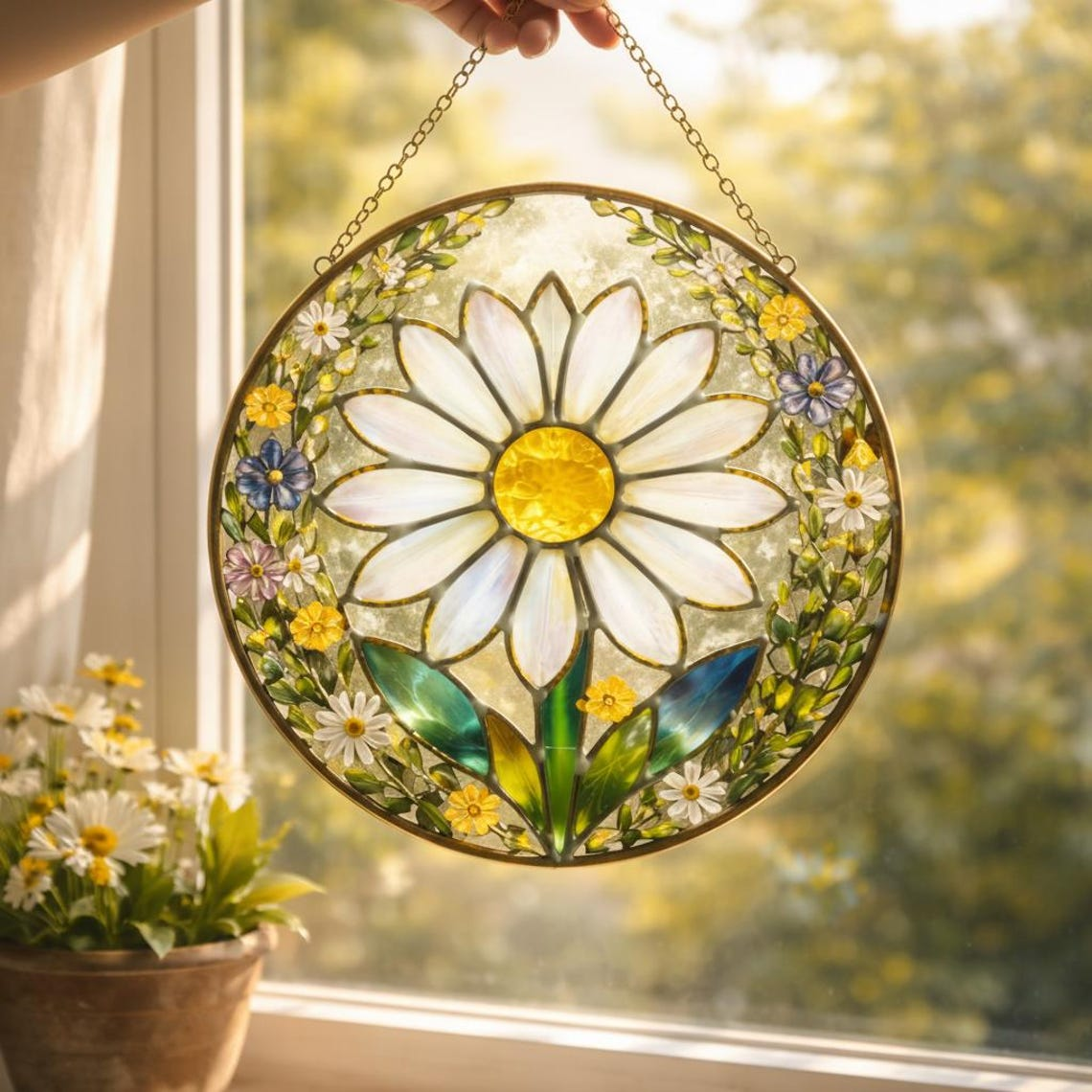Daisy Stained Glass Suncatcher, Floral Window Decor, Unique Housewarming Gift & Mother's Day Gift