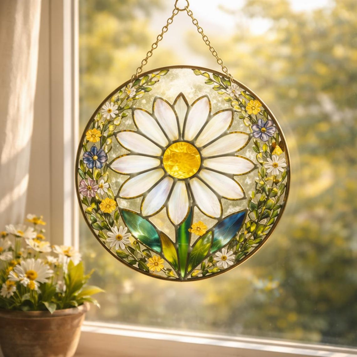 Daisy Stained Glass Suncatcher, Floral Window Decor, Unique Housewarming Gift & Mother's Day Gift