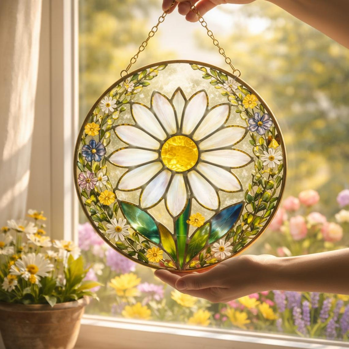 Daisy Stained Glass Suncatcher, Floral Window Decor, Unique Housewarming Gift & Mother's Day Gift