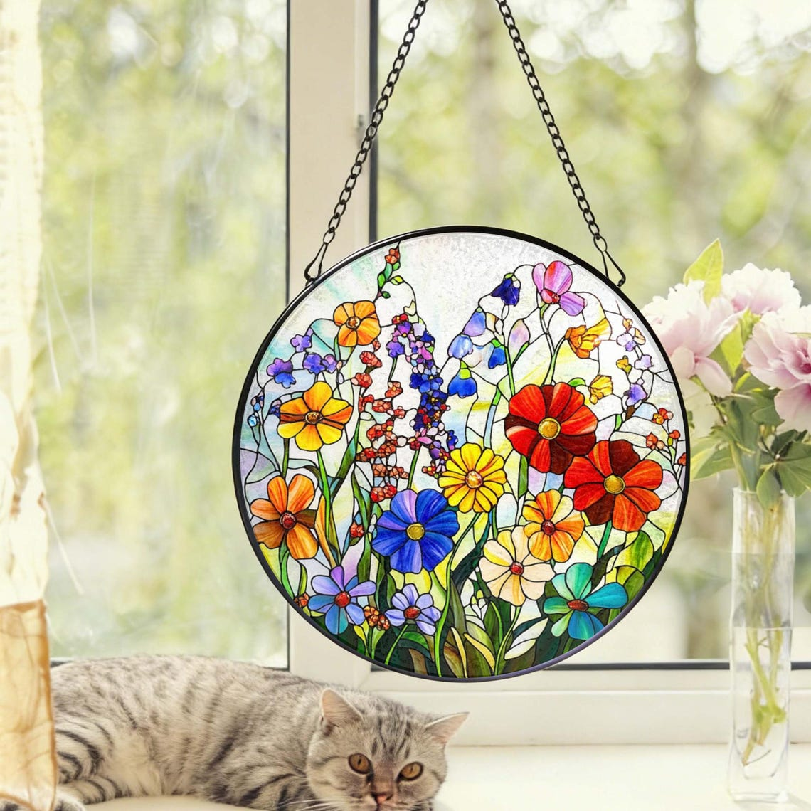 Wildflower Stained Glass Suncatcher Flower Window Hanging, Colorful Floral Glass Art, Gift for Mom