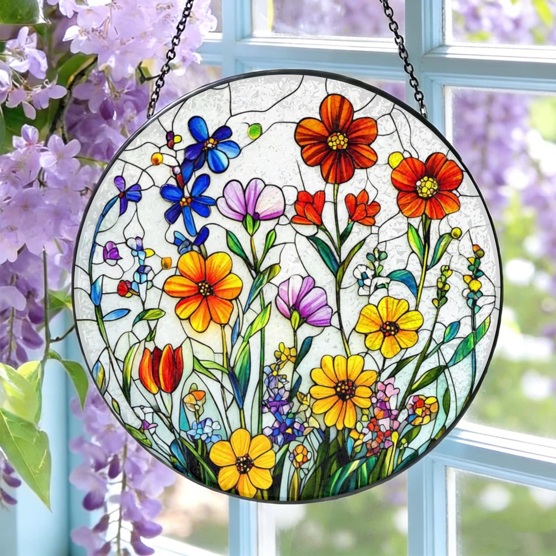 Wildflower Stained Glass Suncatcher Flower Window Hanging, Colorful Floral Glass Art, Gift for Mom