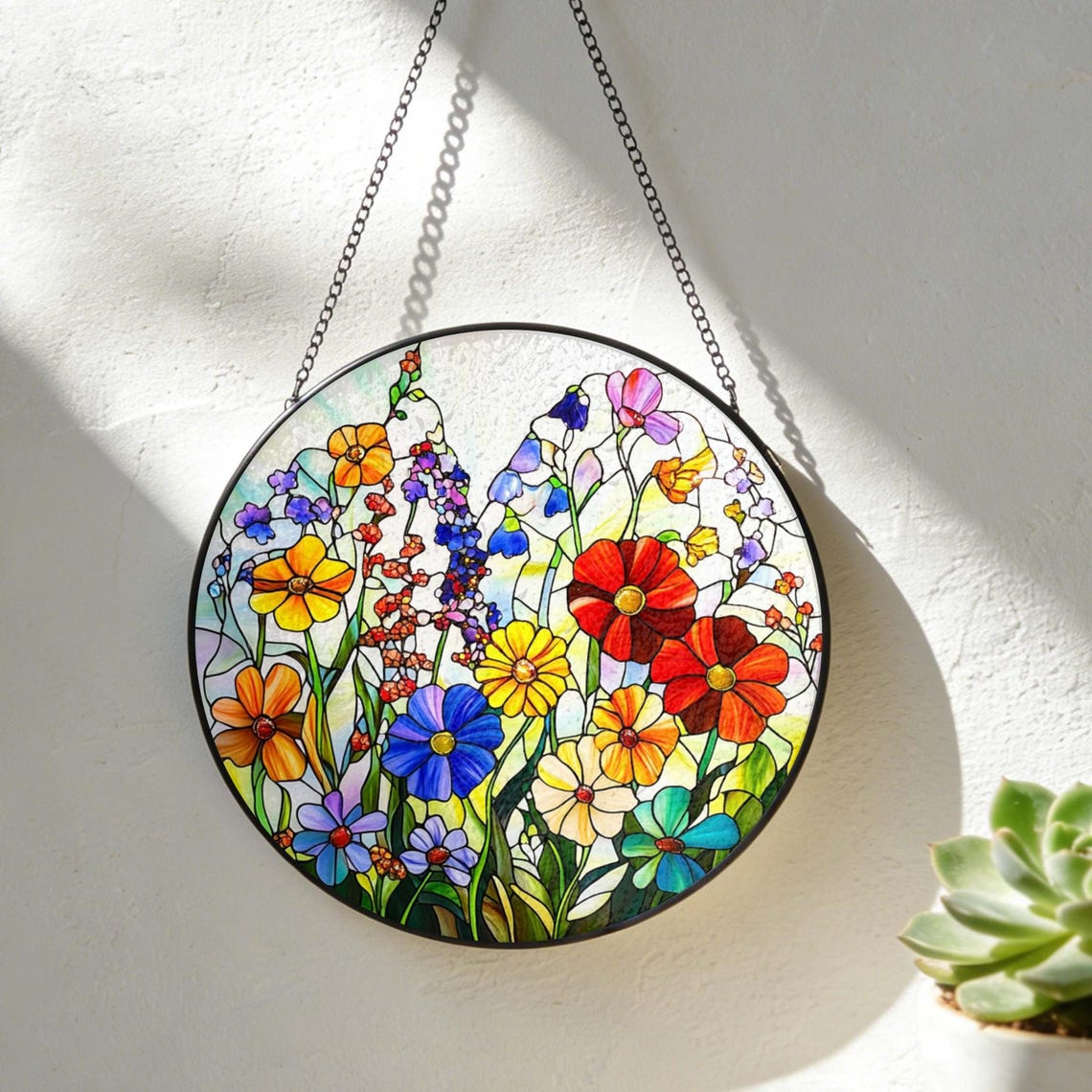 Wildflower Stained Glass Suncatcher Flower Window Hanging, Colorful Floral Glass Art, Gift for Mom
