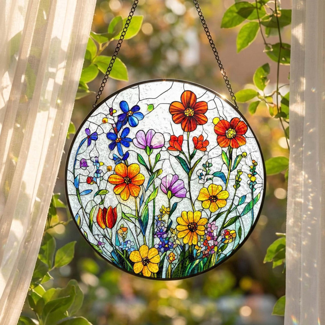 Wildflower Stained Glass Suncatcher Flower Window Hanging, Colorful Floral Glass Art, Gift for Mom