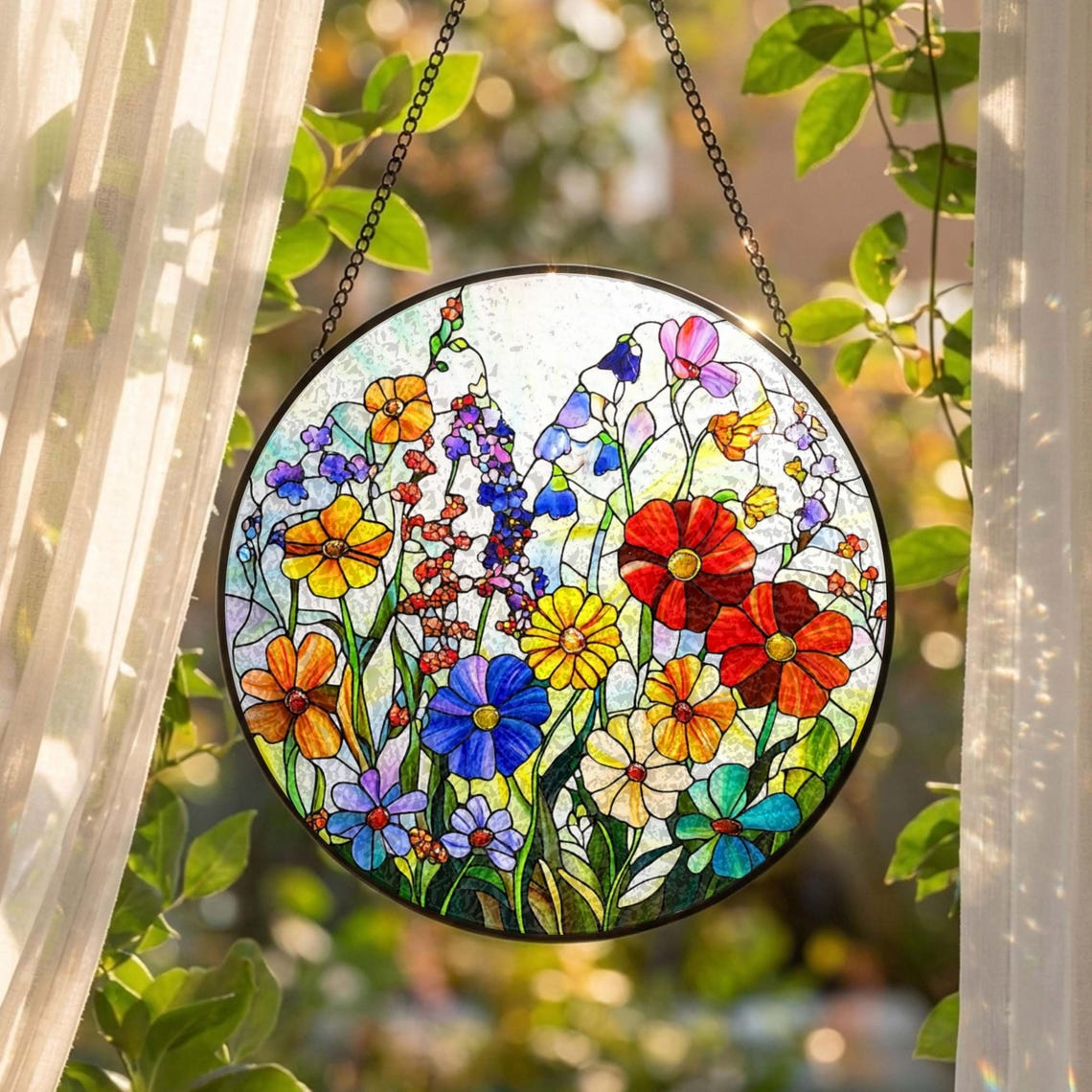 Wildflower Stained Glass Suncatcher Flower Window Hanging, Colorful Floral Glass Art, Gift for Mom