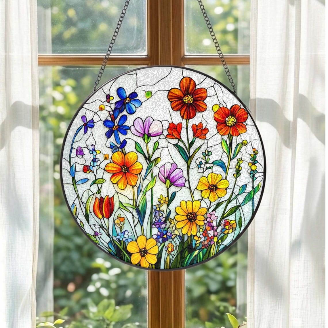 Wildflower Stained Glass Suncatcher Flower Window Hanging, Colorful Floral Glass Art, Gift for Mom