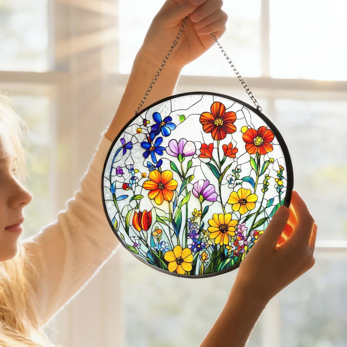 Wildflower Stained Glass Suncatcher Flower Window Hanging, Colorful Floral Glass Art, Gift for Mom