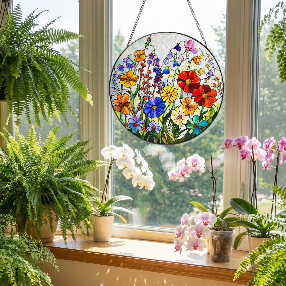 Wildflower Stained Glass Suncatcher Flower Window Hanging, Colorful Floral Glass Art, Gift for Mom