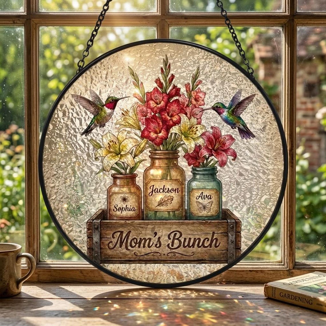 Personalized Mom Garden Suncatcher Birth Flower Stained Glass Window Hanging Mother’s Day Gift