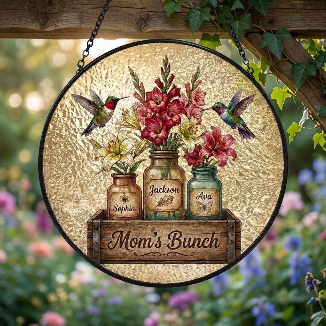 Personalized Mom Garden Suncatcher Birth Flower Stained Glass Window Hanging Mother’s Day Gift