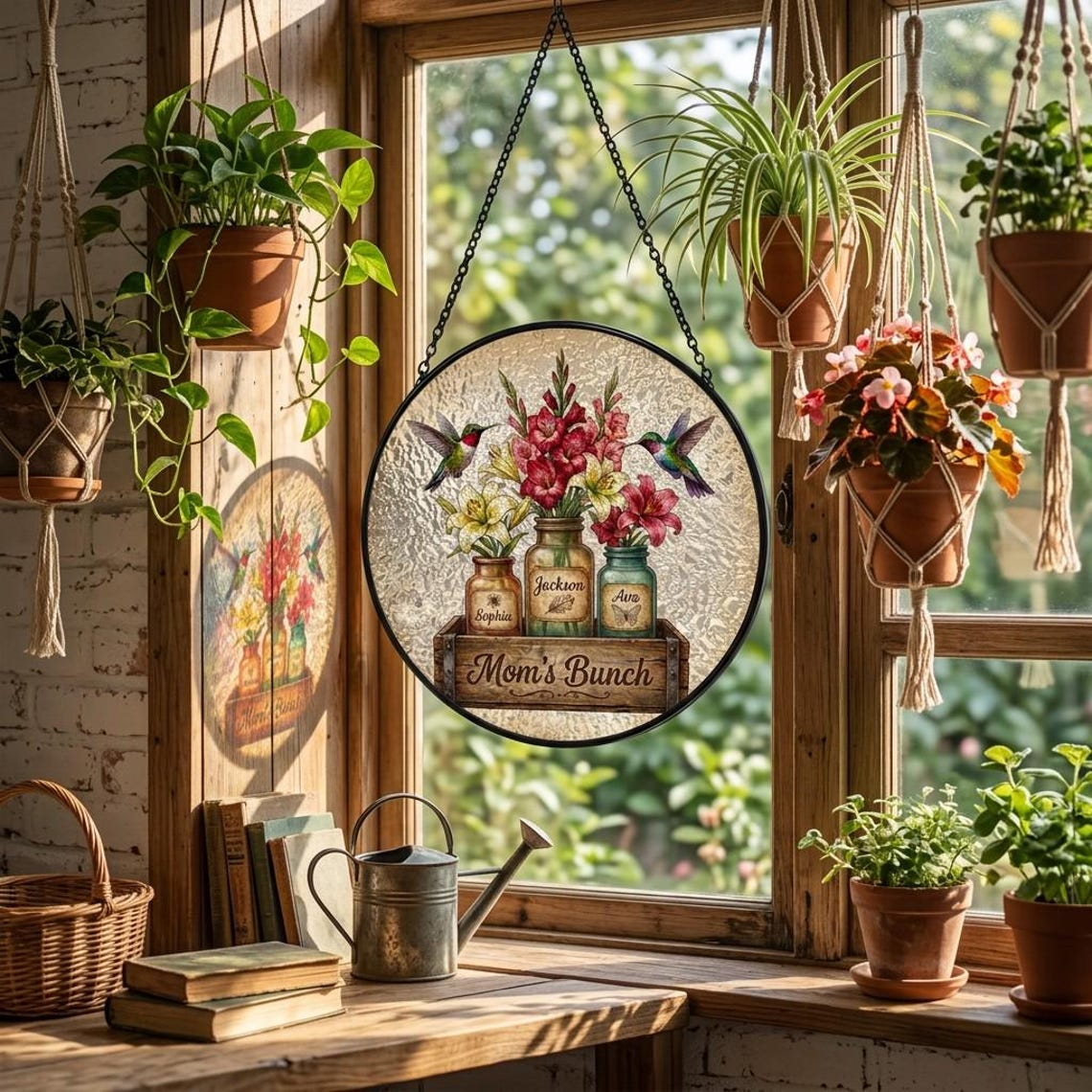 Personalized Mom Garden Suncatcher Birth Flower Stained Glass Window Hanging Mother’s Day Gift
