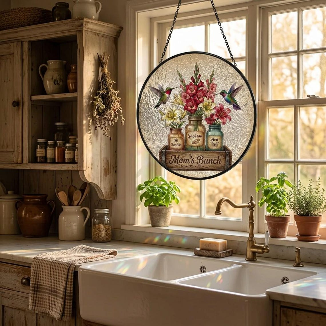 Personalized Mom Garden Suncatcher Birth Flower Stained Glass Window Hanging Mother’s Day Gift