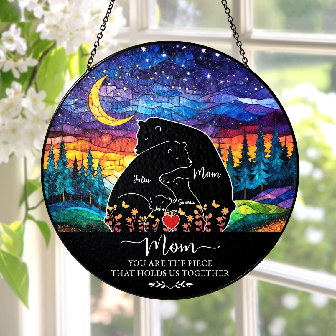 Custom Mama Bear Stained Glass Suncatcher, Personalized Bear Family Window Decor Mother's Day Gift For Mom/Grandma Birthday Keepsake