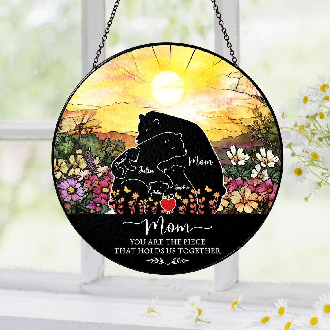 Custom Mama Bear Stained Glass Suncatcher, Personalized Bear Family Window Decor Mother's Day Gift For Mom/Grandma Birthday Keepsake