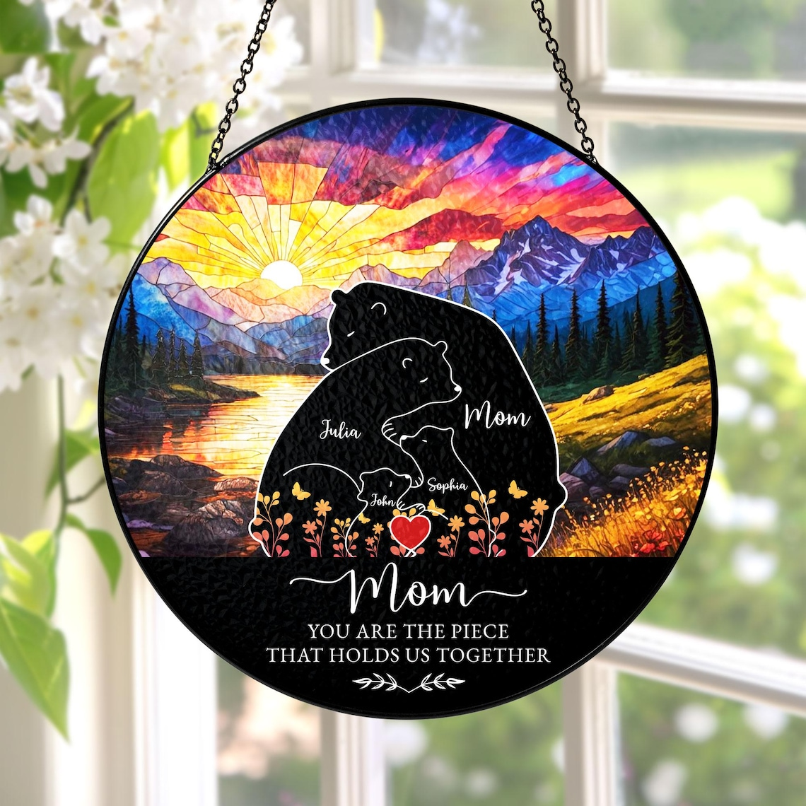 Custom Mama Bear Stained Glass Suncatcher, Personalized Bear Family Window Decor Mother's Day Gift For Mom/Grandma Birthday Keepsake