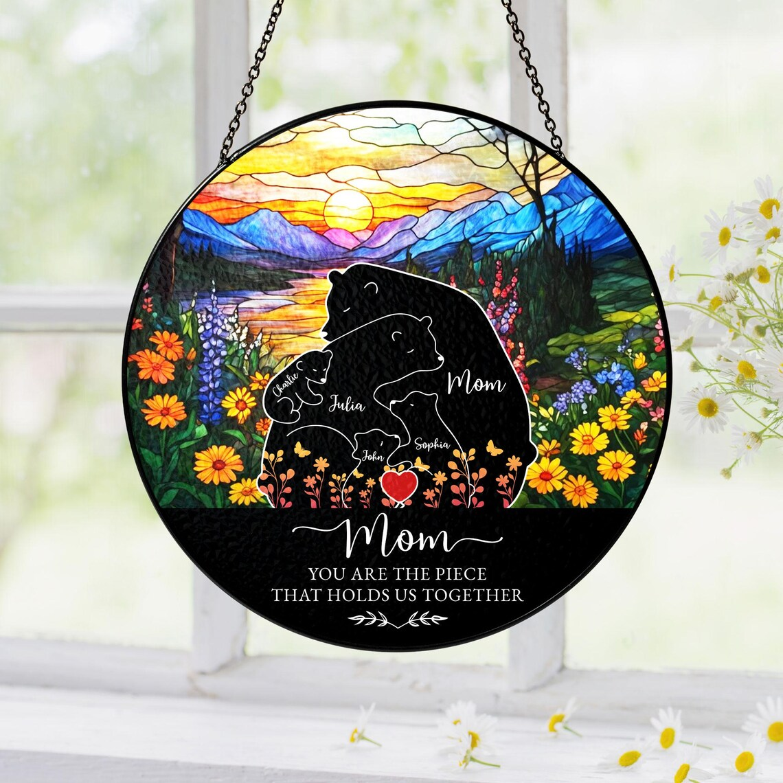 Custom Mama Bear Stained Glass Suncatcher, Personalized Bear Family Window Decor Mother's Day Gift For Mom/Grandma Birthday Keepsake