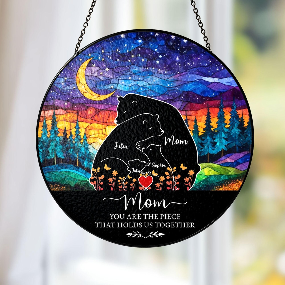 Custom Mama Bear Stained Glass Suncatcher, Personalized Bear Family Window Decor Mother's Day Gift For Mom/Grandma Birthday Keepsake