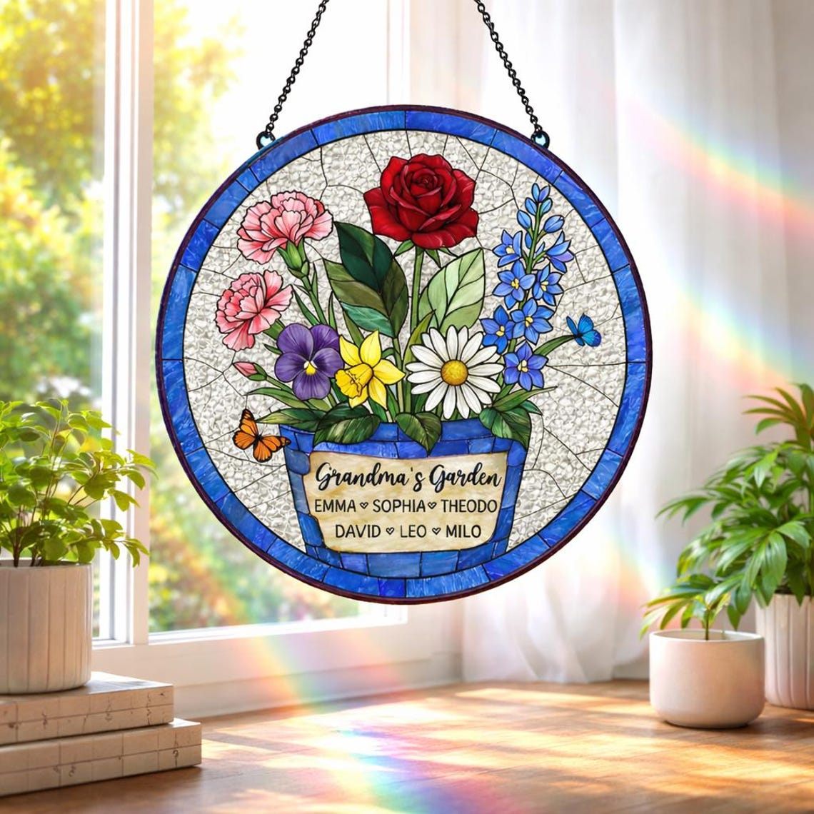 Custom Great Grandma's Garden Suncatcher, Birth Flower Stained Glass Window Decor, Mother's Day Gift, Gift from Grandkids, Grammy Present