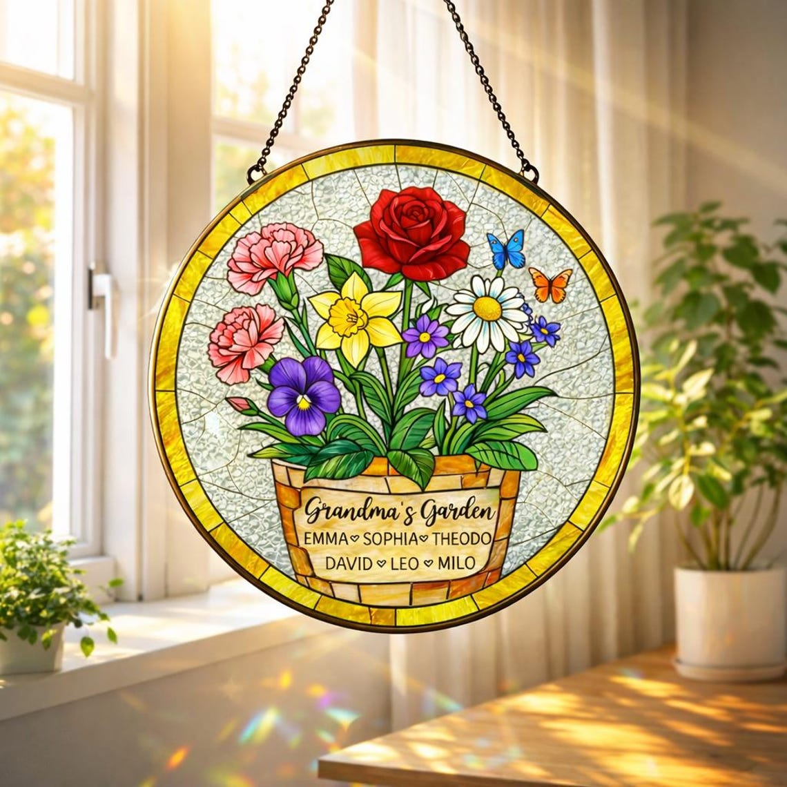 Custom Great Grandma's Garden Suncatcher, Birth Flower Stained Glass Window Decor, Mother's Day Gift, Gift from Grandkids, Grammy Present