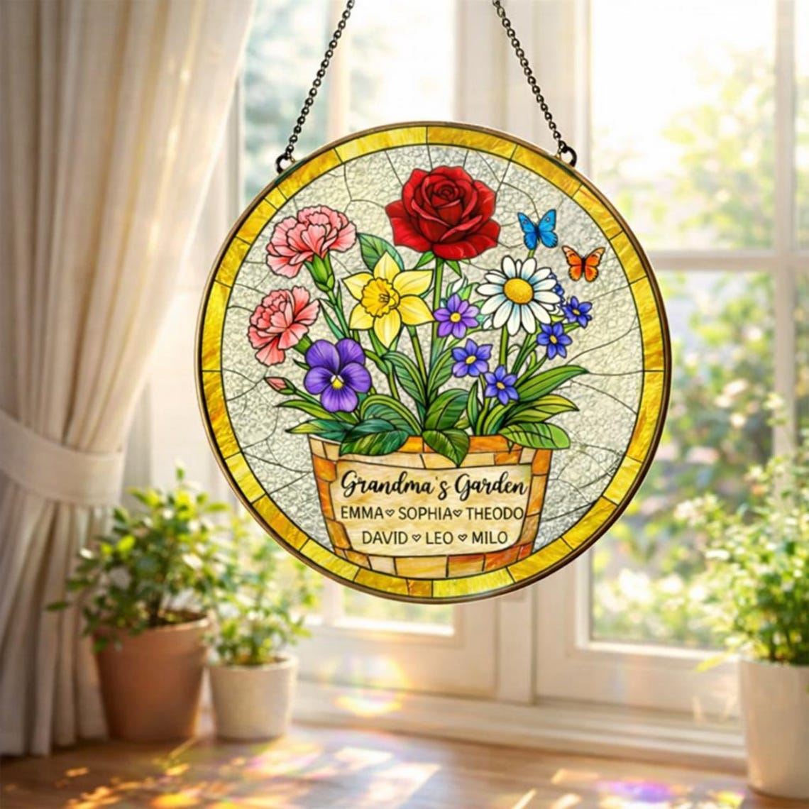 Custom Great Grandma's Garden Suncatcher, Birth Flower Stained Glass Window Decor, Mother's Day Gift, Gift from Grandkids, Grammy Present
