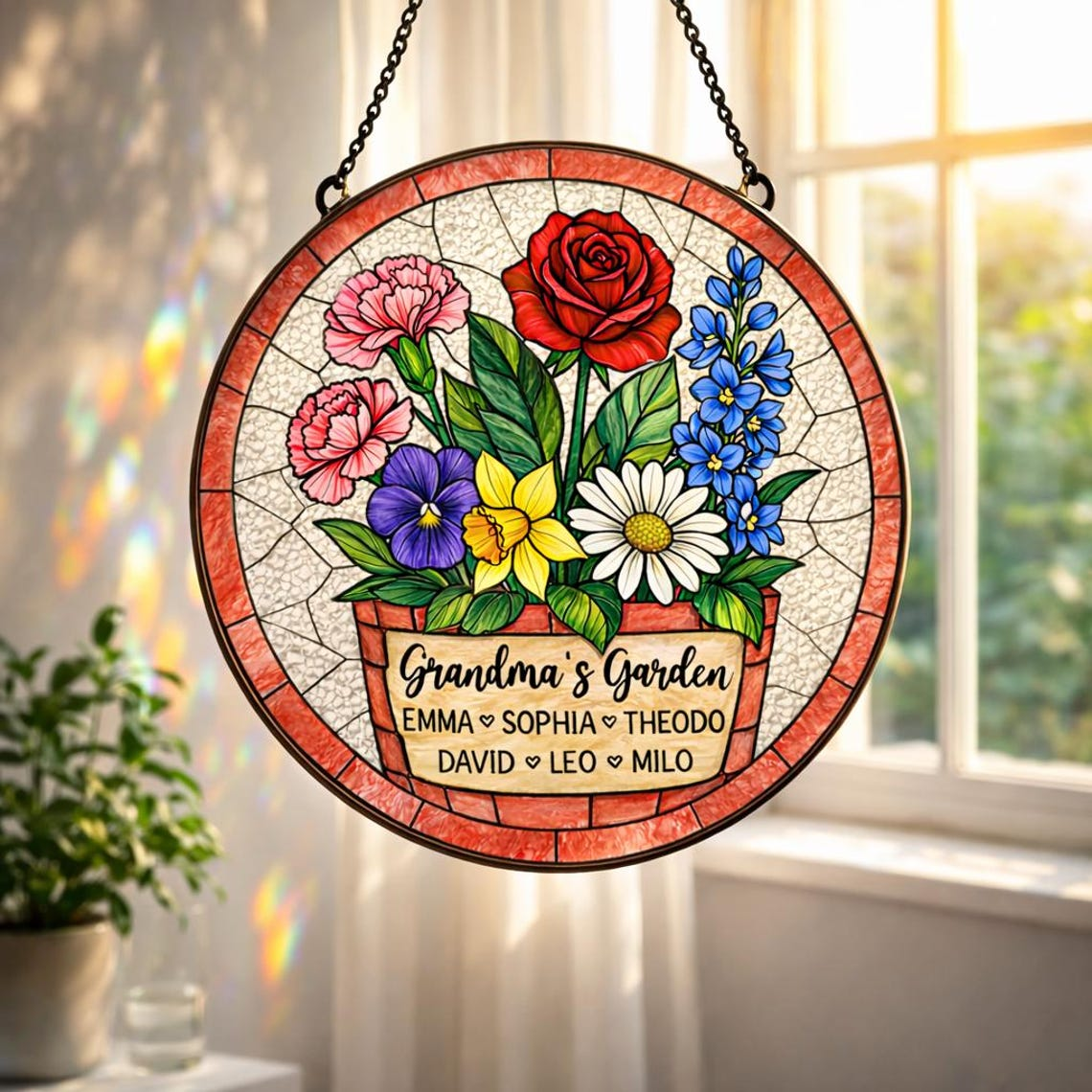 Custom Great Grandma's Garden Suncatcher, Birth Flower Stained Glass Window Decor, Mother's Day Gift, Gift from Grandkids, Grammy Present