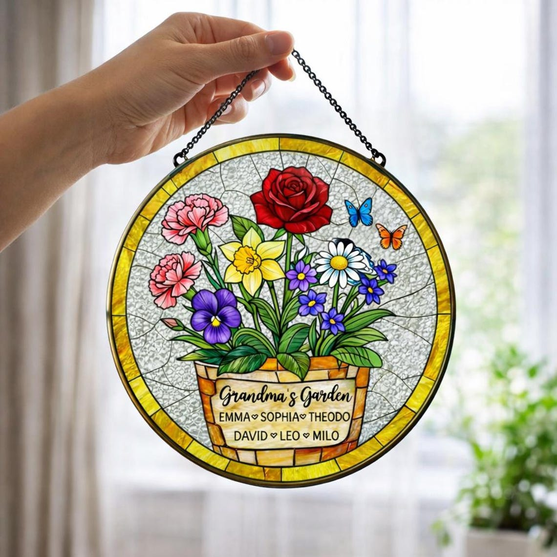 Custom Great Grandma's Garden Suncatcher, Birth Flower Stained Glass Window Decor, Mother's Day Gift, Gift from Grandkids, Grammy Present